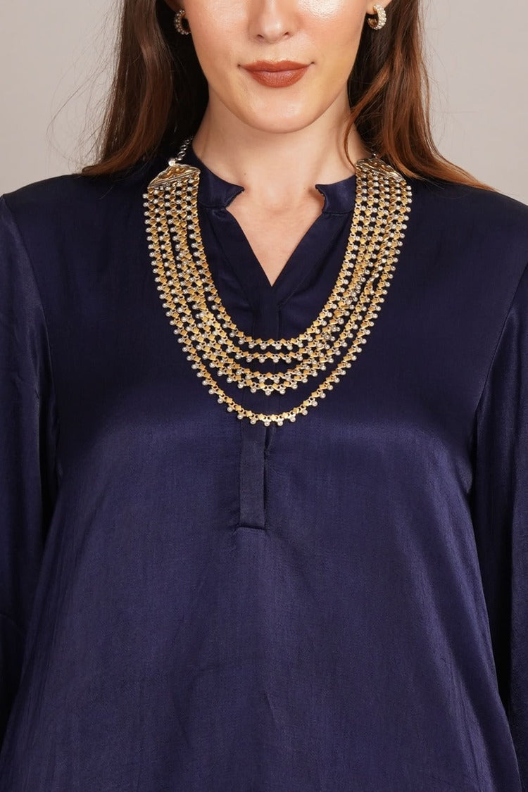 Navy Blue Mashru Kurta Coord Set