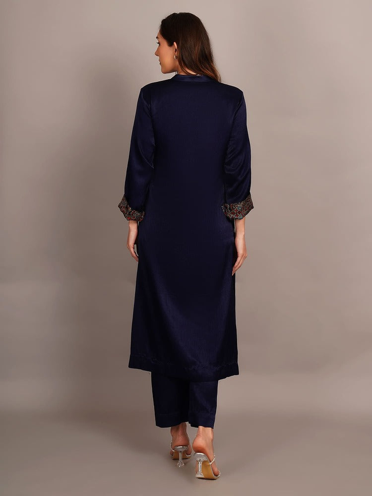 Navy Blue Mashru Kurta Coord Set