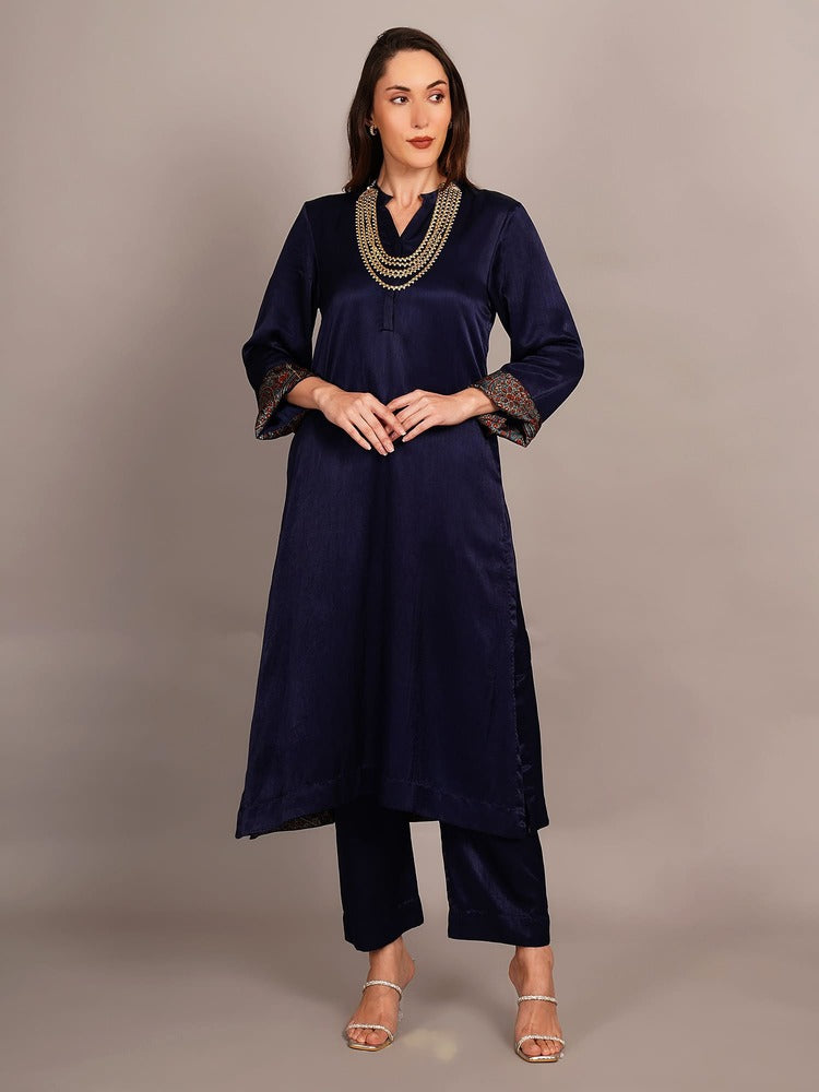 Navy Blue Mashru Kurta Coord Set