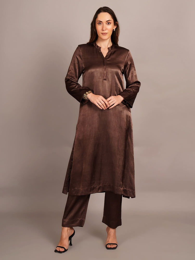 Brown Mashru & Ajrakh Silk Sleeve Detail Kurta Coord Set