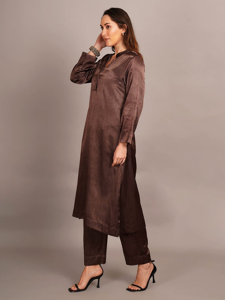 Brown Mashru & Ajrakh Silk Sleeve Detail Kurta Coord Set