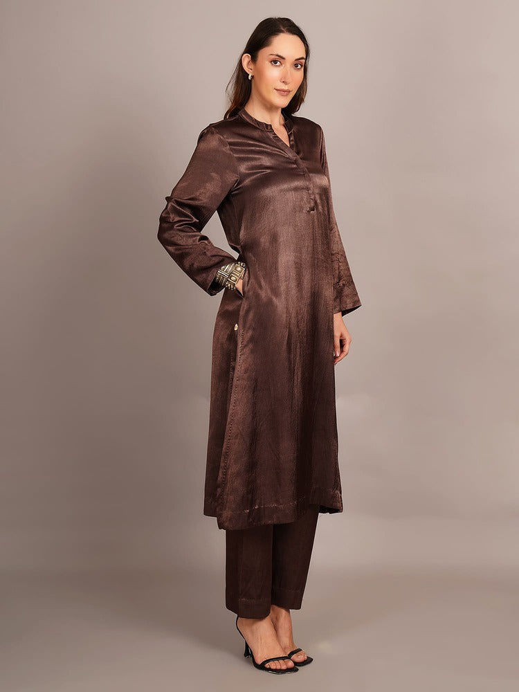 Brown Mashru & Ajrakh Silk Sleeve Detail Kurta Coord Set