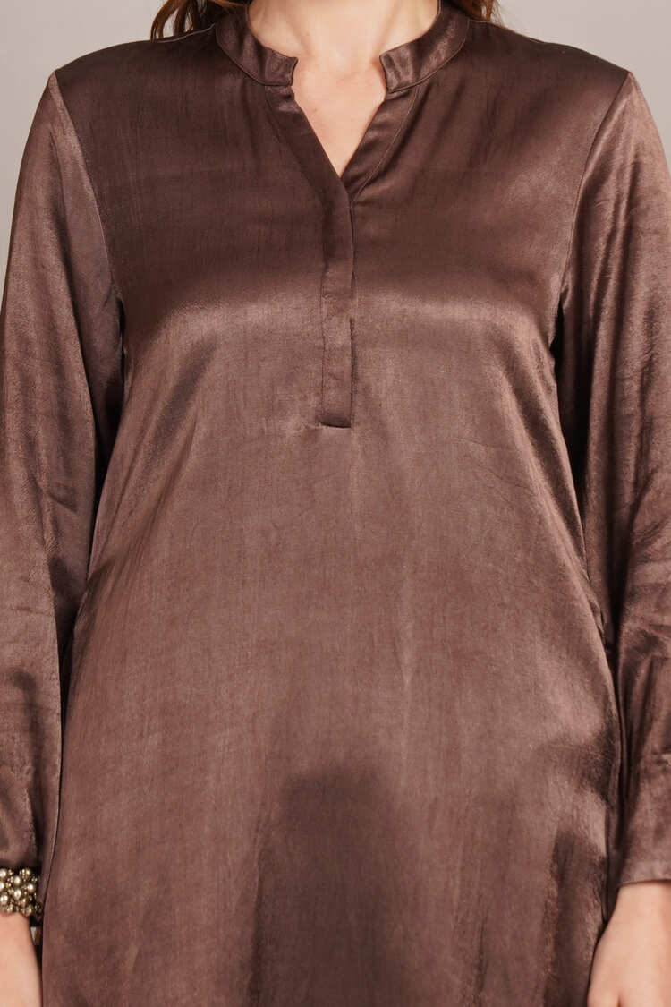 Brown Mashru & Ajrakh Silk Sleeve Detail Kurta Coord Set