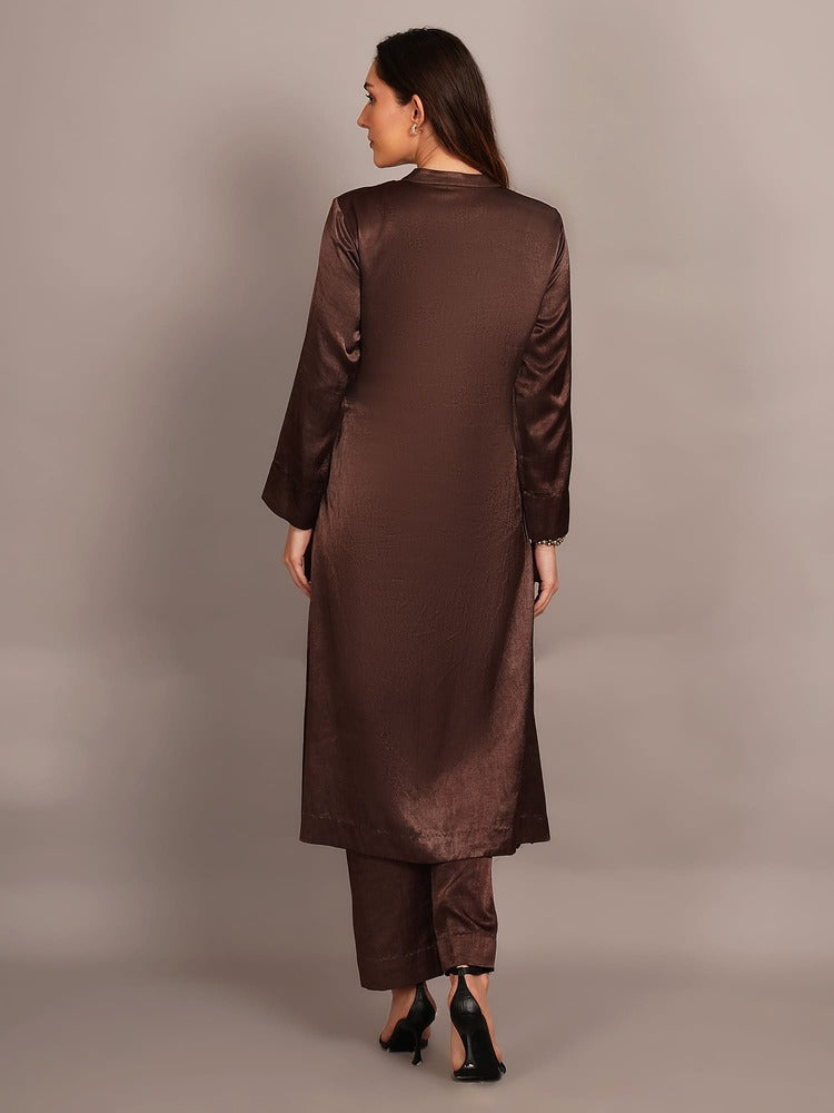 Brown Mashru & Ajrakh Silk Sleeve Detail Kurta Coord Set