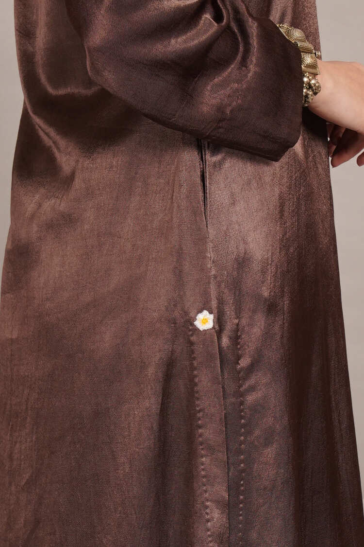 Brown Mashru & Ajrakh Silk Sleeve Detail Kurta Coord Set