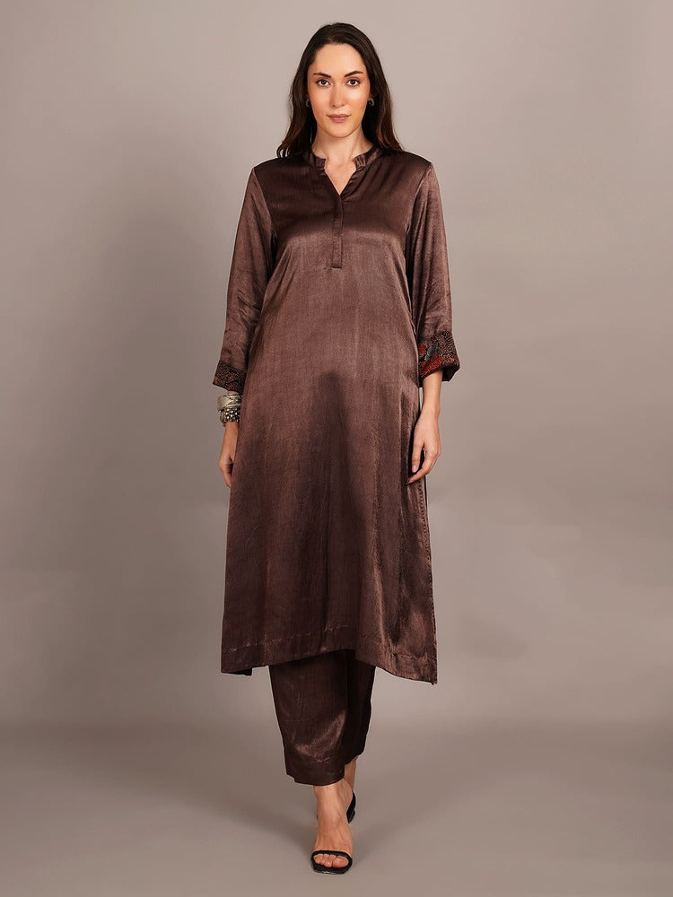 Brown Mashru & Ajrakh Silk Sleeve Detail Kurta Coord Set