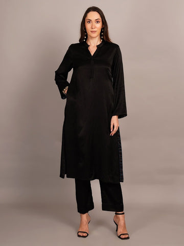 Black Mashru & Ajrakh Silk Sleeve Detail Kurta Coord Set