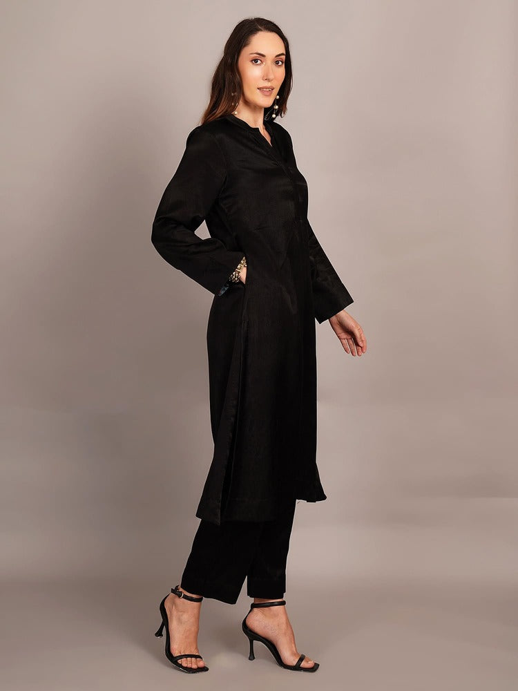 Black Mashru & Ajrakh Silk Sleeve Detail Kurta Coord Set