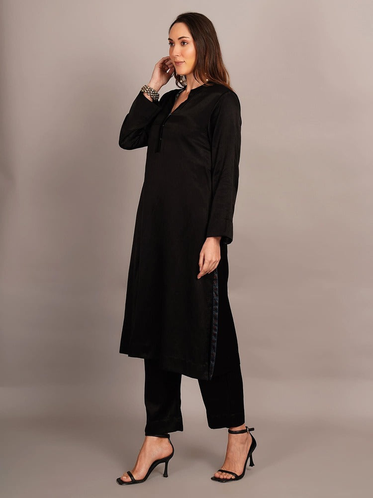 Black Mashru & Ajrakh Silk Sleeve Detail Kurta Coord Set