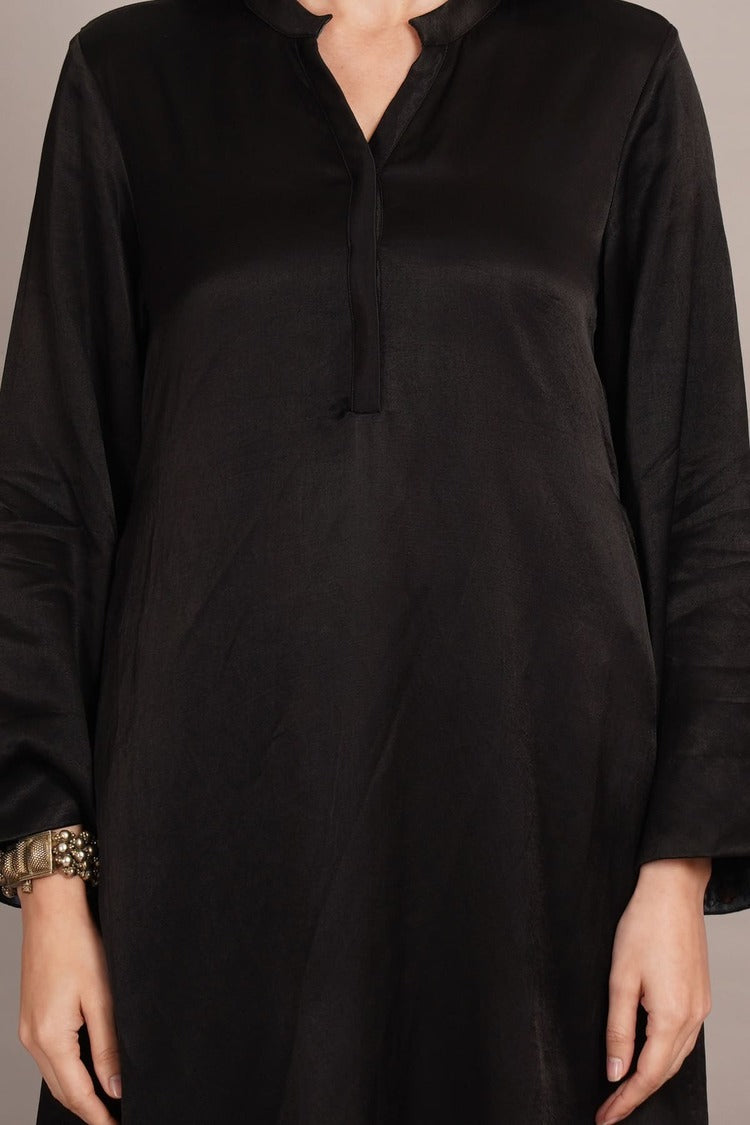 Black Mashru & Ajrakh Silk Sleeve Detail Kurta Coord Set