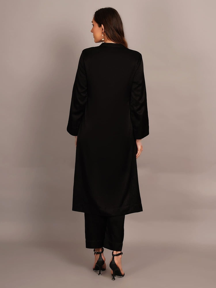 Black Mashru & Ajrakh Silk Sleeve Detail Kurta Coord Set