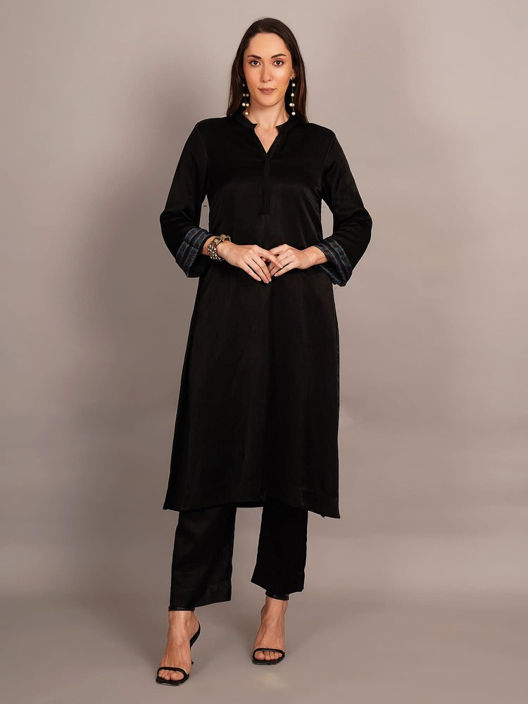 Black Mashru & Ajrakh Silk Sleeve Detail Kurta Coord Set