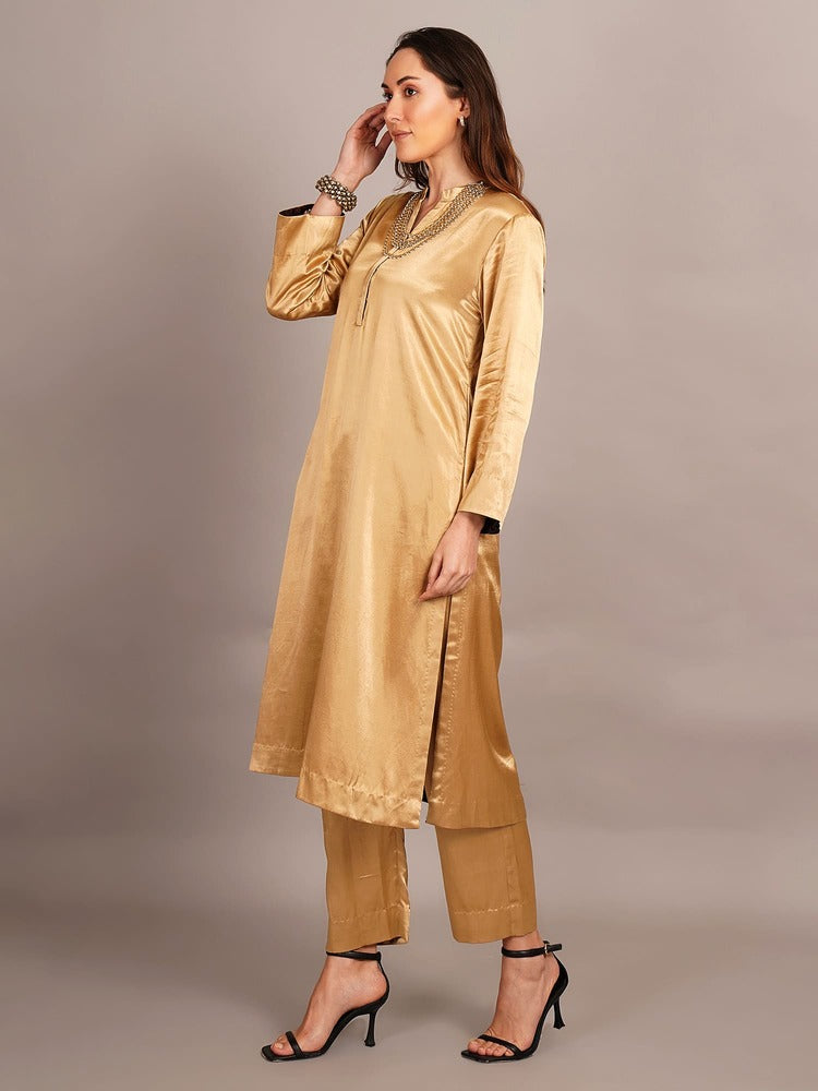 Beige Mashru & Ajrakh Silk Sleeve Detail Kurta Coord Set