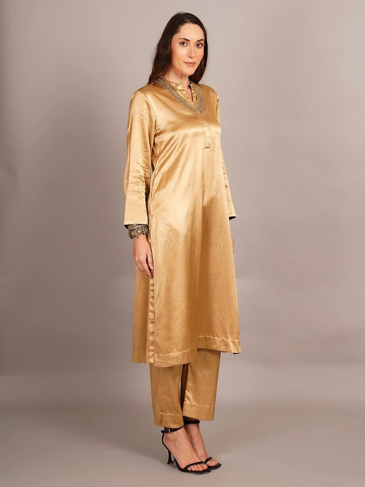 Beige Mashru & Ajrakh Silk Sleeve Detail Kurta Coord Set