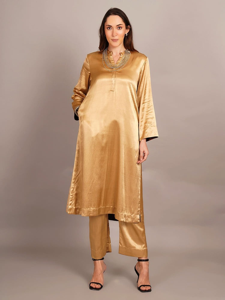 Beige Mashru & Ajrakh Silk Sleeve Detail Kurta Coord Set