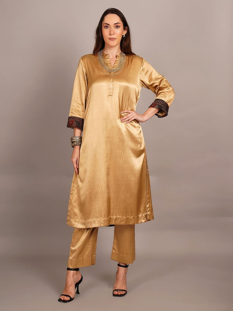 Beige Mashru & Ajrakh Silk Sleeve Detail Kurta Coord Set
