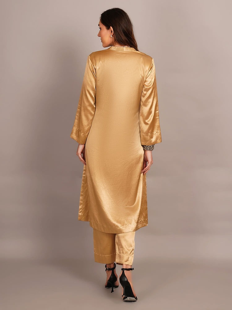 Beige Mashru & Ajrakh Silk Sleeve Detail Kurta Coord Set