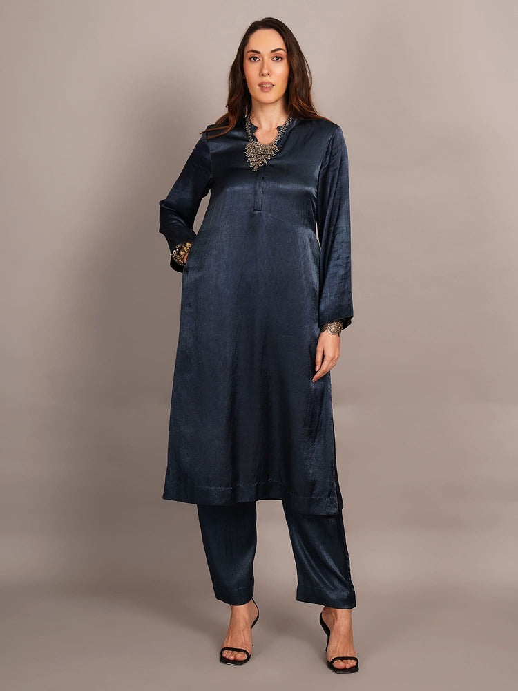 Grey Mashru & Ajrakh Silk Sleeve Detail Kurta Coord Set