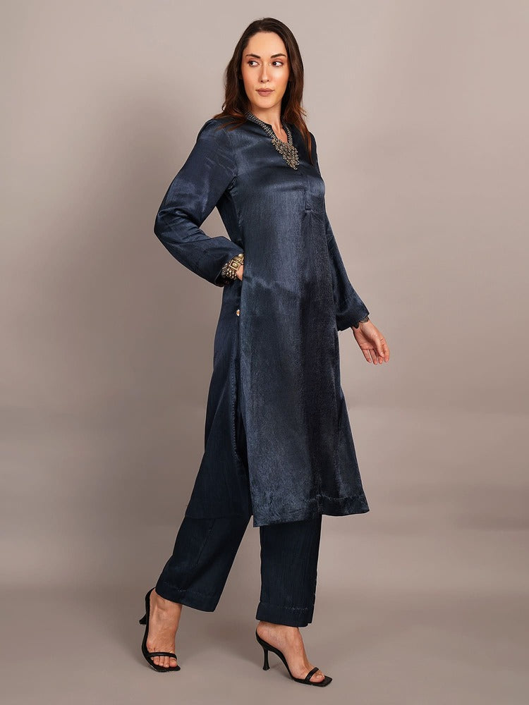Grey Mashru & Ajrakh Silk Sleeve Detail Kurta Coord Set