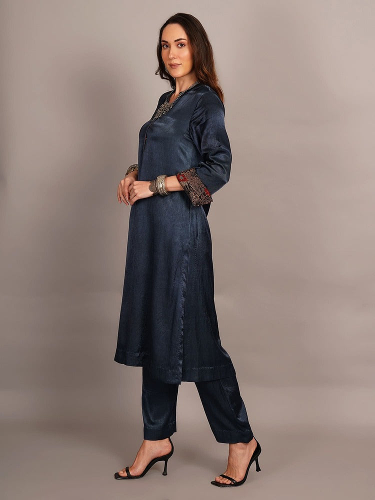 Grey Mashru & Ajrakh Silk Sleeve Detail Kurta Coord Set