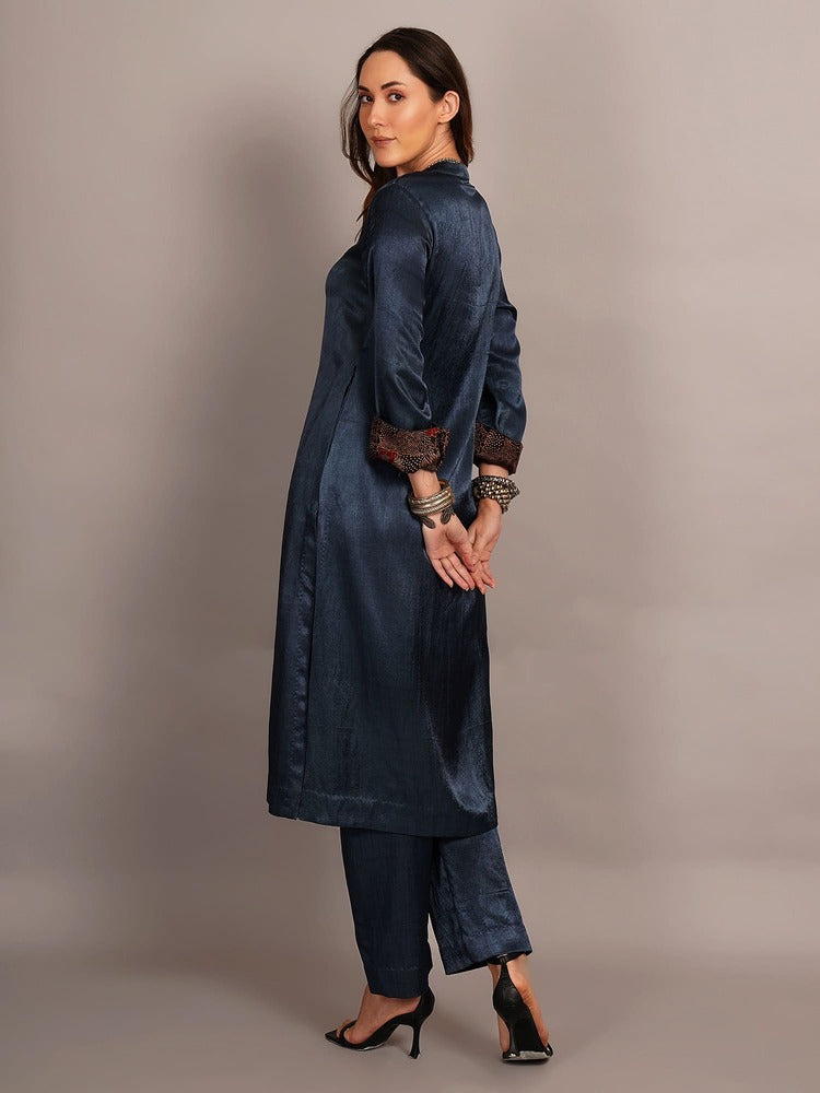 Grey Mashru & Ajrakh Silk Sleeve Detail Kurta Coord Set