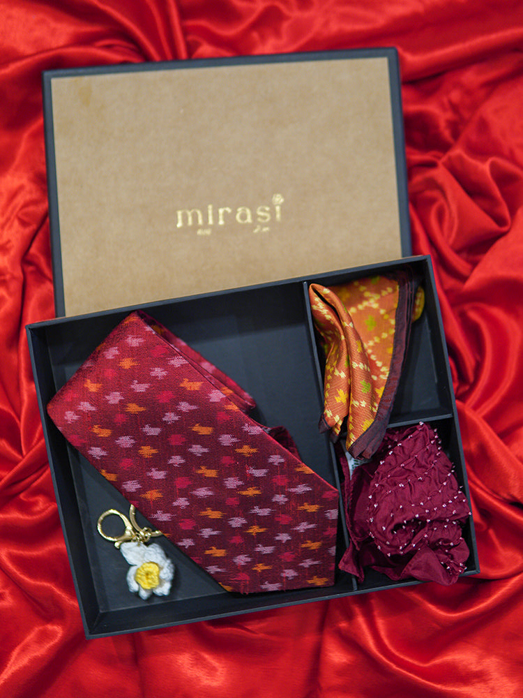 Surkh Red Ikkat Tie Pocket Squares Set