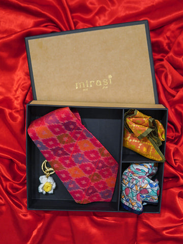 Tevar Red Ikkat Raw Silk Tie Pocket Squares Set
