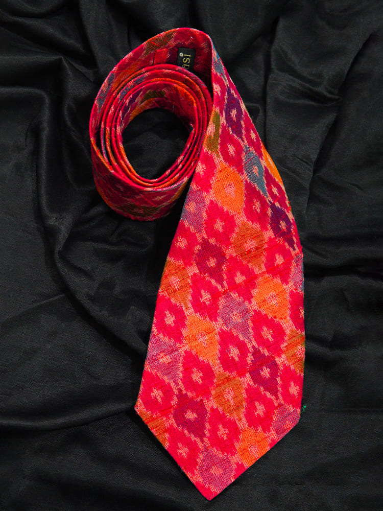 Tevar Red Ikkat Raw Silk Tie Pocket Squares Set