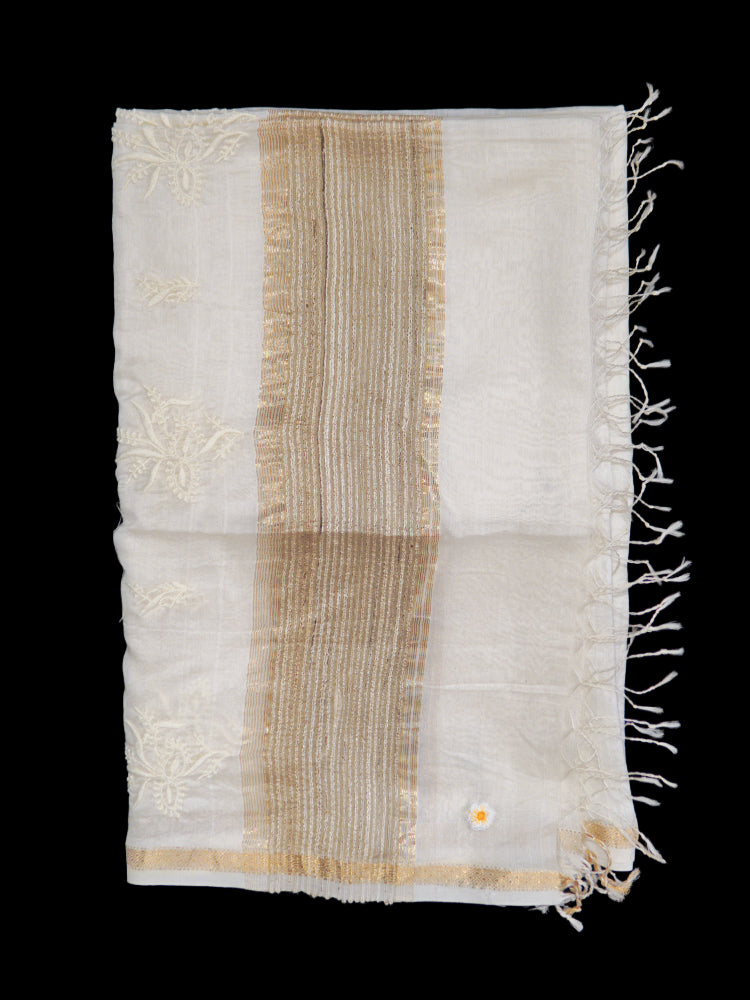 Off White Chikankari Tussar Dupatta