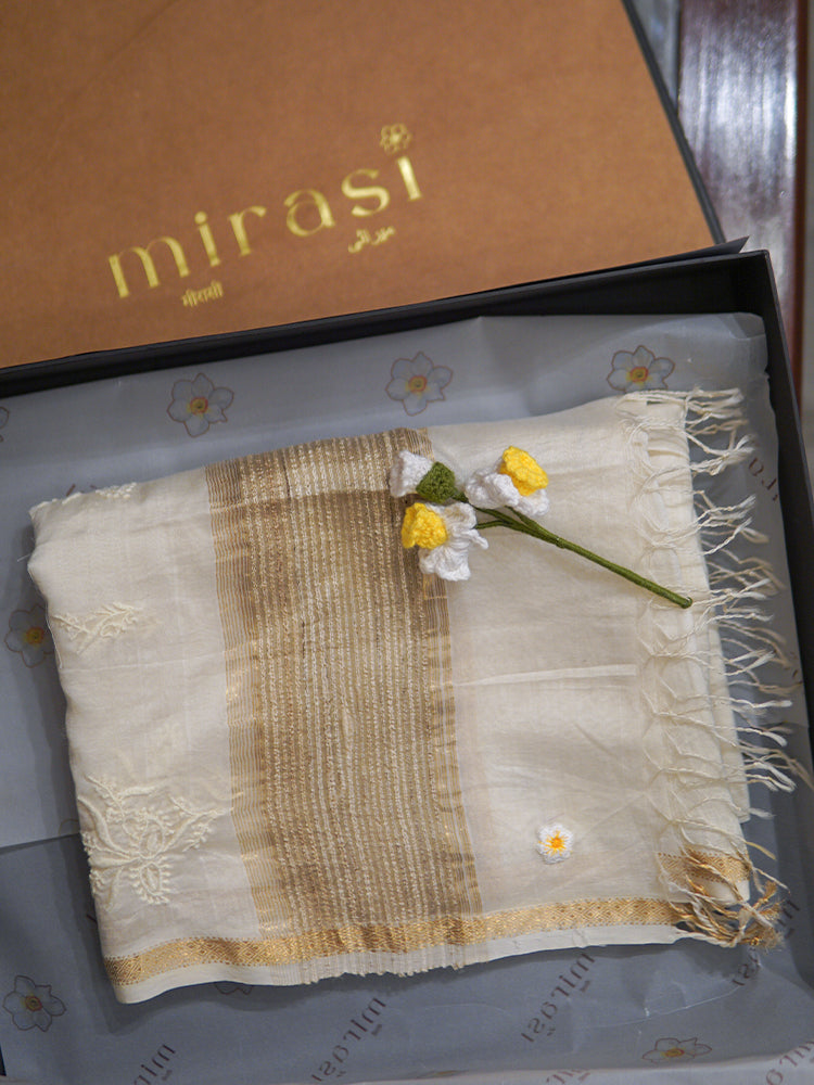 Off White Chikankari Tussar Dupatta