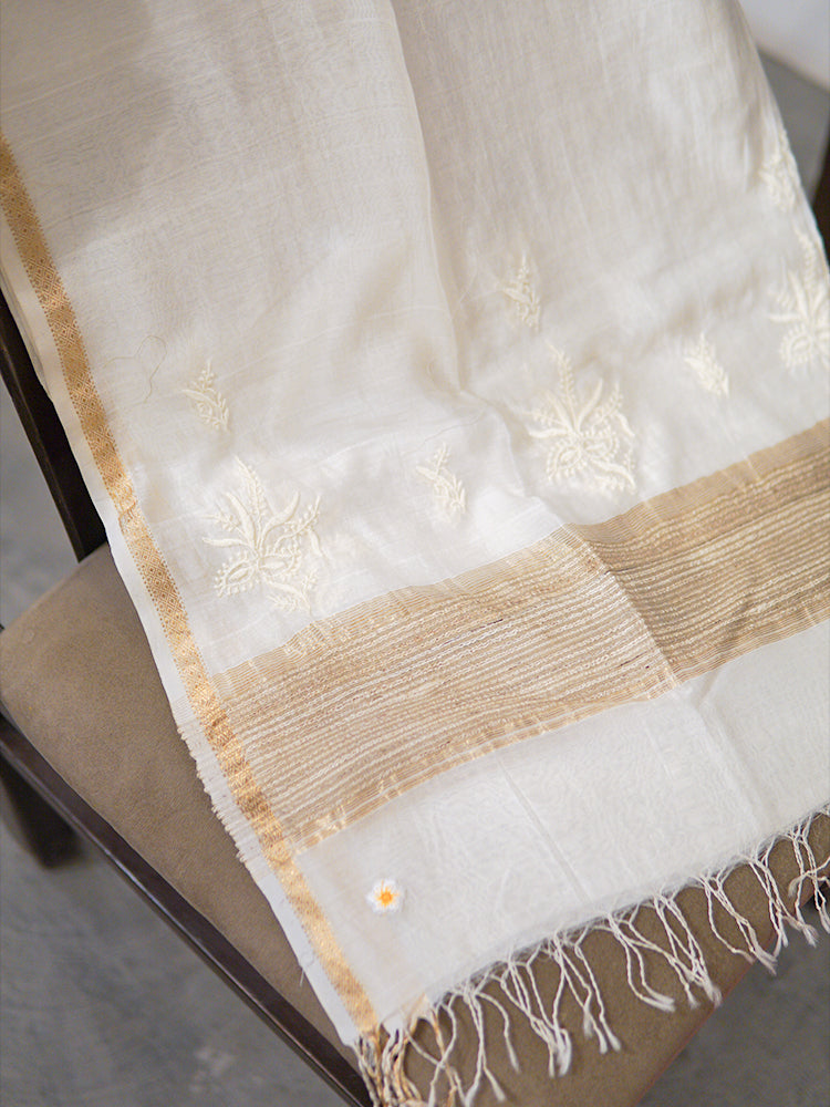 Off White Chikankari Tussar Dupatta