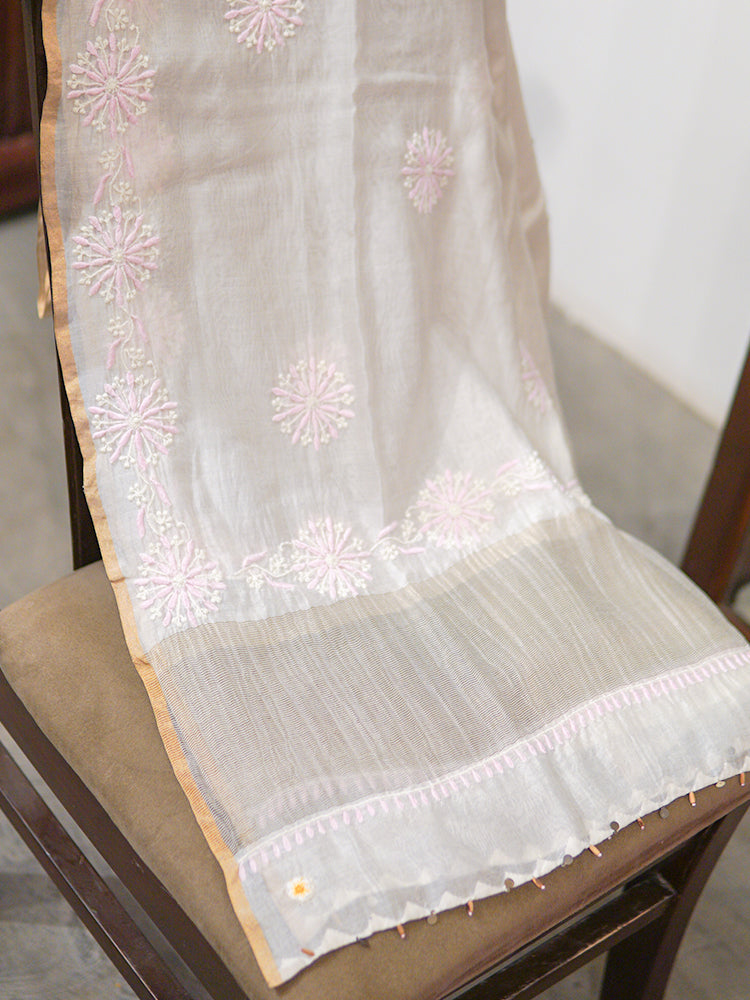 Pink Flower Chikankari Dupatta