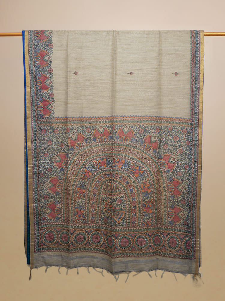 Multi Colour Hand Painted Madhubani Chanderi Silk Saree