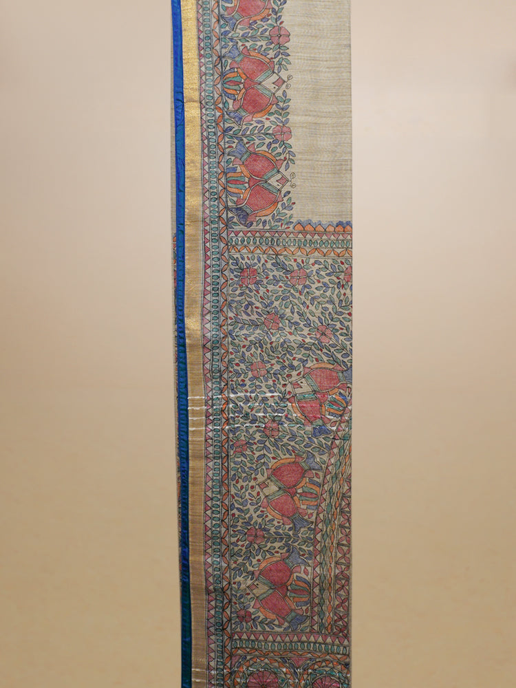 Multi Colour Hand Painted Madhubani Chanderi Silk Saree