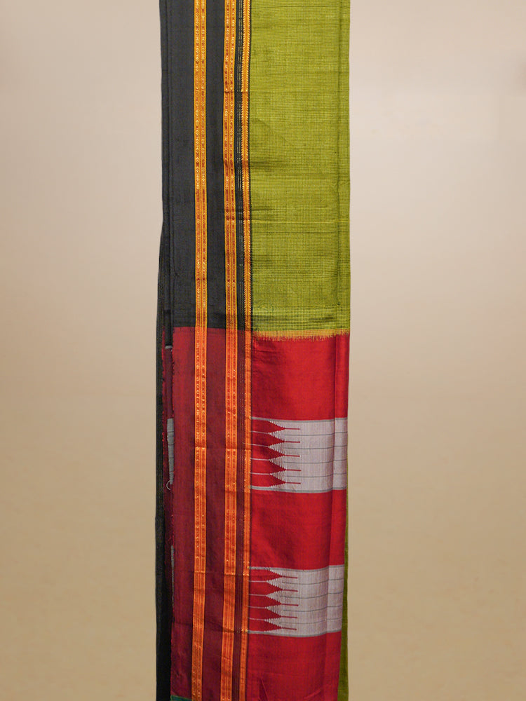 Olive Green Checks Ilkal Checks Cotton Handloom Saree