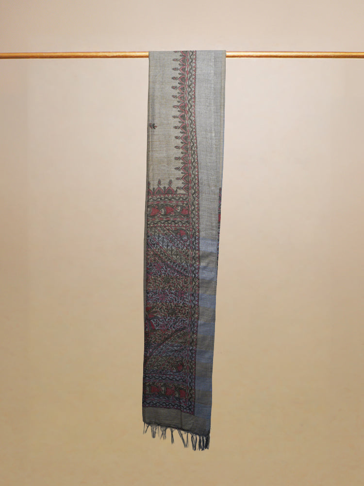 Multi Colour Hand Painted Madhubani Tussar Silk With Ajrakh Finishing Saree