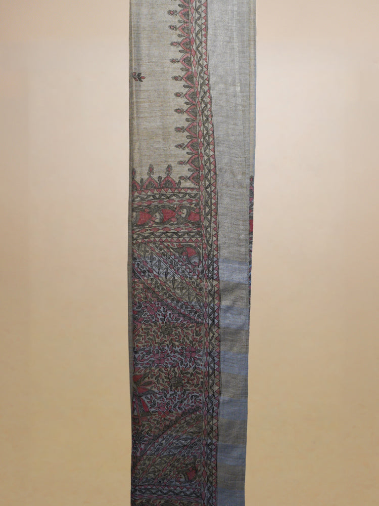 Multi Colour Hand Painted Madhubani Tussar Silk With Ajrakh Finishing Saree