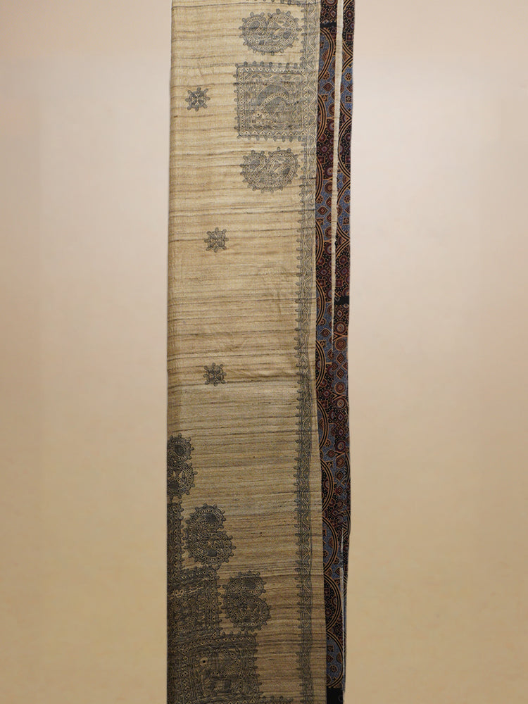 Beige & Black Hand Painted Madhubani Tussar Silk With Ajrakh Finishing Saree