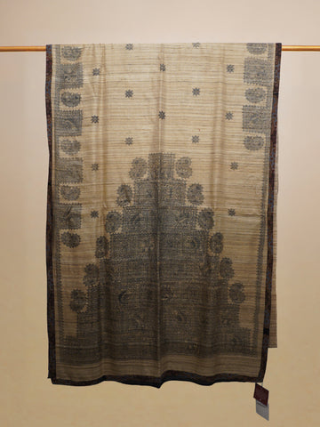 Beige & Black Hand Painted Madhubani Tussar Silk With Ajrakh Finishing Saree