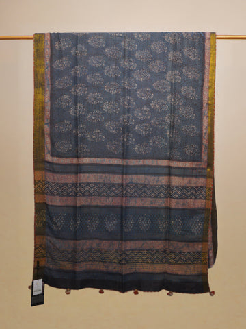 Blue Dabu Block Printing Munga Silk Saree