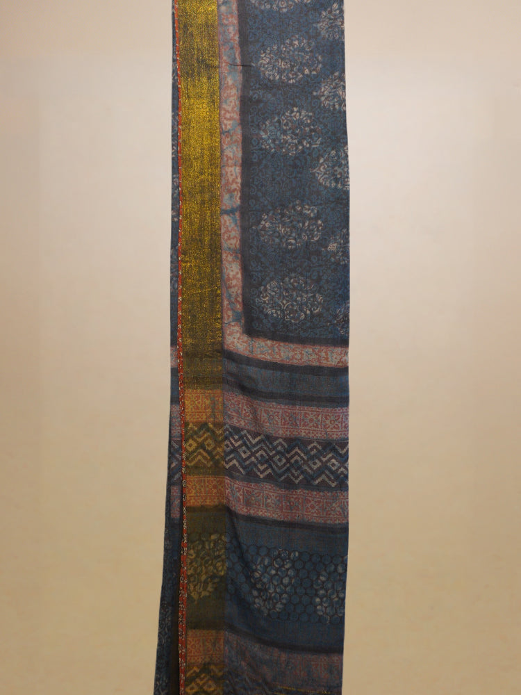 Blue Dabu Block Printing Munga Silk Saree