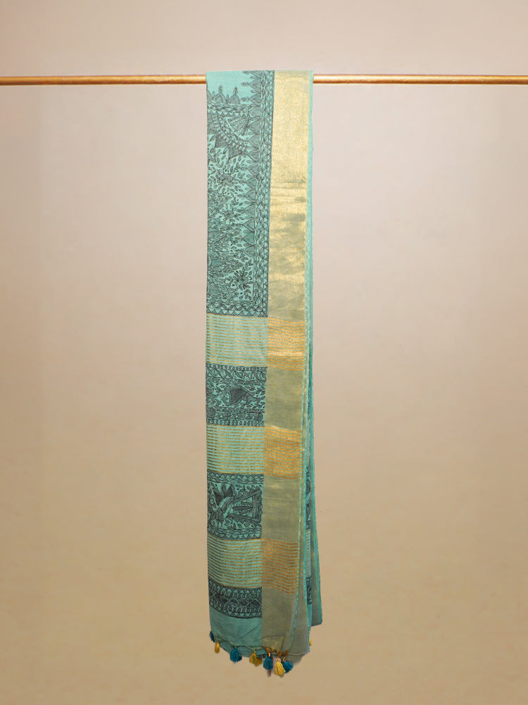 Sea Green Hand Painted Madhubani Chanderi Silk Saree