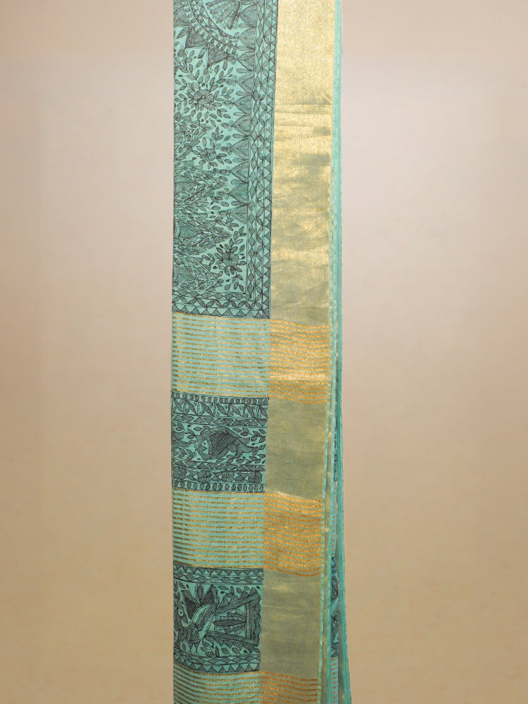 Sea Green Hand Painted Madhubani Chanderi Silk Saree