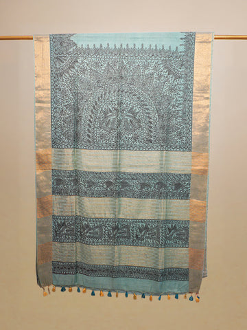 Sea Green Hand Painted Madhubani Chanderi Silk Saree