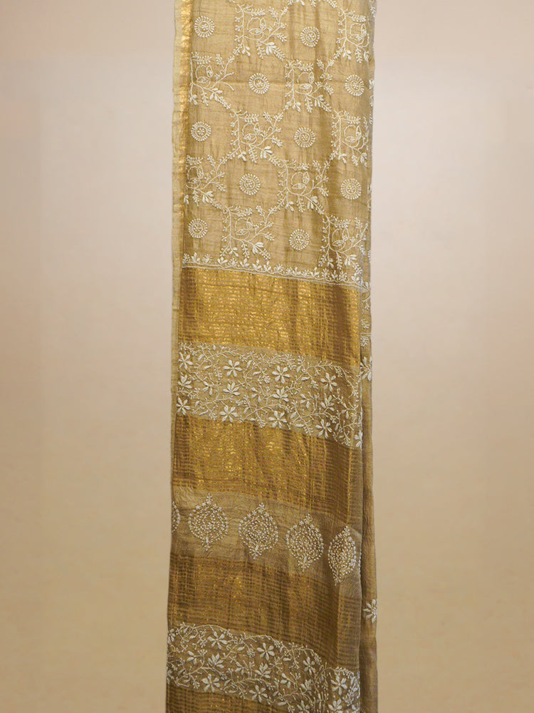 Beige & White Chikankari Hand Embroidery Tussar Silk Saree