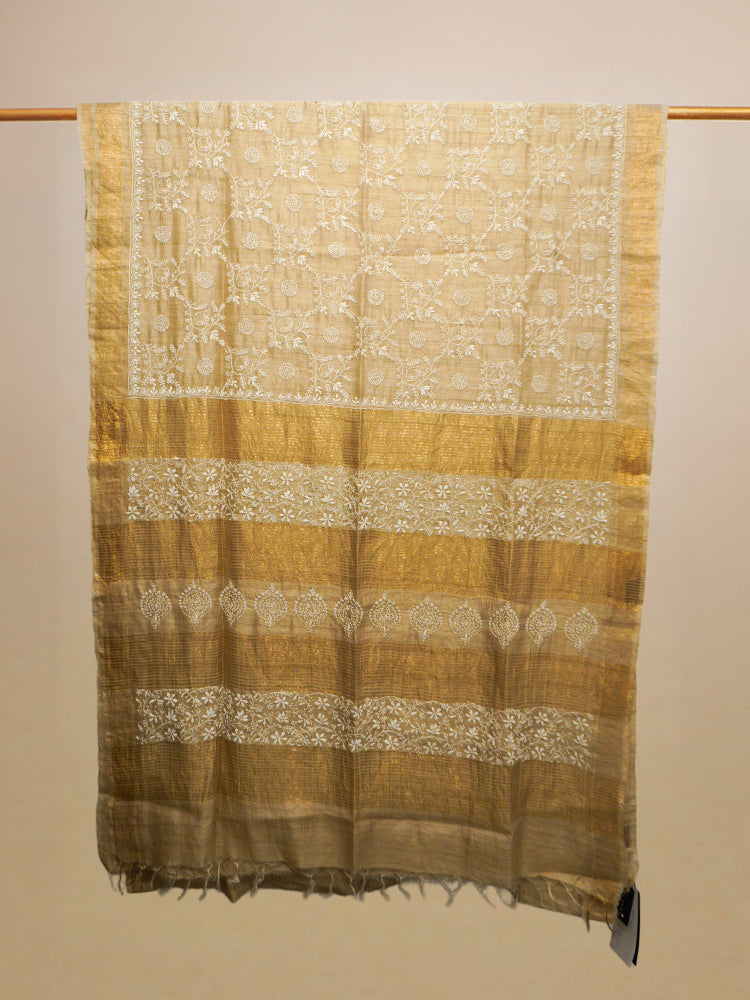 Beige & White Chikankari Hand Embroidery Tussar Silk Saree
