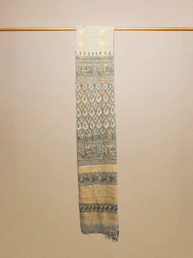 Beige & Black Hand Painted Madhubani Kasavu Cotton Saree