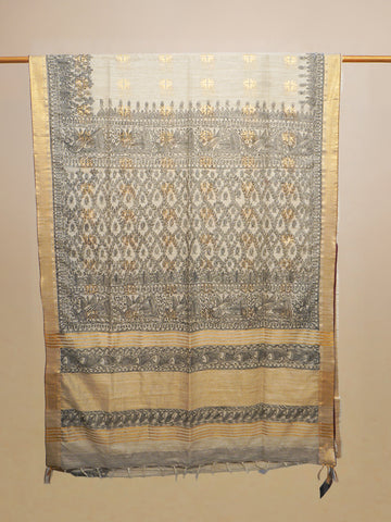 Beige & Black Hand Painted Madhubani Kasavu Cotton Saree