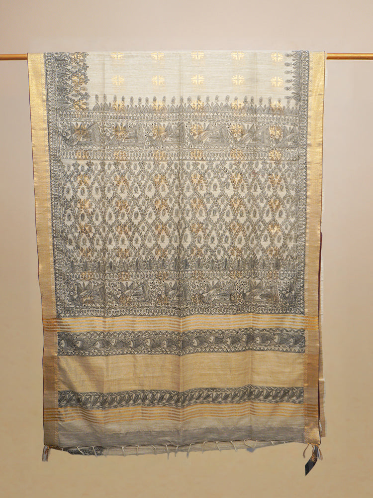 Beige & Black Hand Painted Madhubani Kasavu Cotton Saree