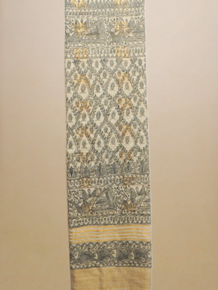 Beige & Black Hand Painted Madhubani Kasavu Cotton Saree